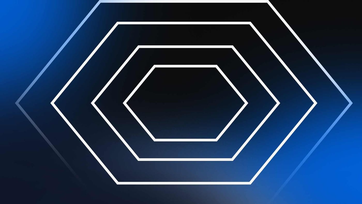 Ilustração de hexágonos concêntricos em fundo azul, simbolizando camadas e organização da arquitetura hexagonal em software.
