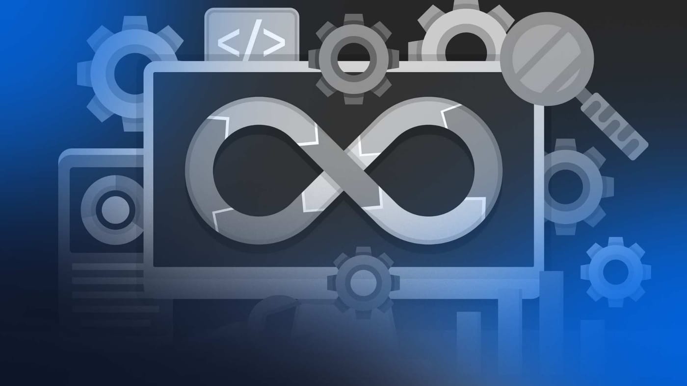 Ilustração representando o ciclo de vida de software com símbolo de infinito e engrenagens, destacando automação, integração contínua e processos DevOps.