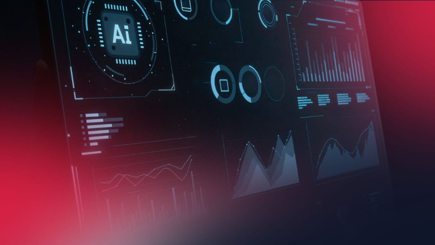 Painel digital com gráficos e indicadores de IA, representando monitoramento e análise de métricas de software em tempo real.