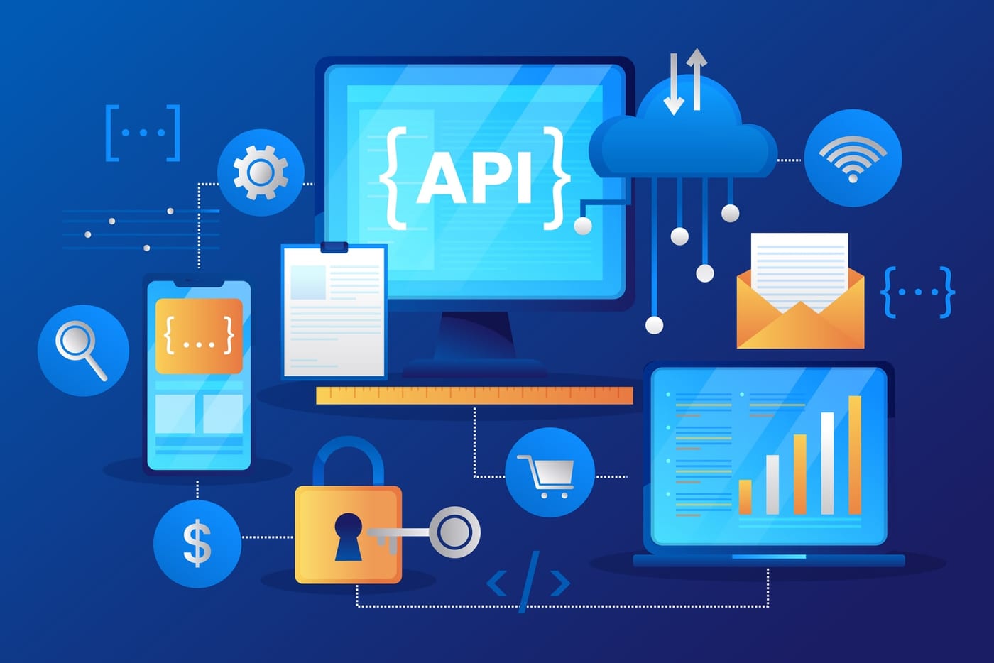 Imagem representativa do desenvolvimento de API, com gráficos, ícones de segurança, nuvem e mensagens.