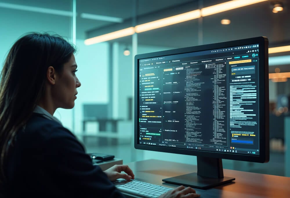 Profissional de tecnologia analisando código em monitor corporativo, ilustrando processo de reengenharia de software para modernização de sistemas.
