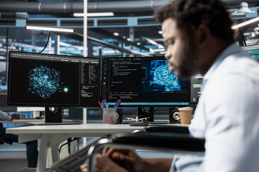 Profissional analisa códigos e gráficos em monitores de computador, simbolizando tecnologia e planejamento estratégico em um roadmap de produto