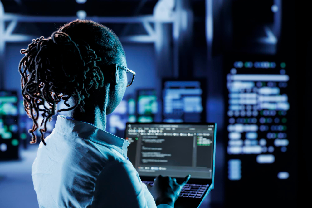 Mulher de costas para várias telas de computador avaliando o débito técnico da equipe.