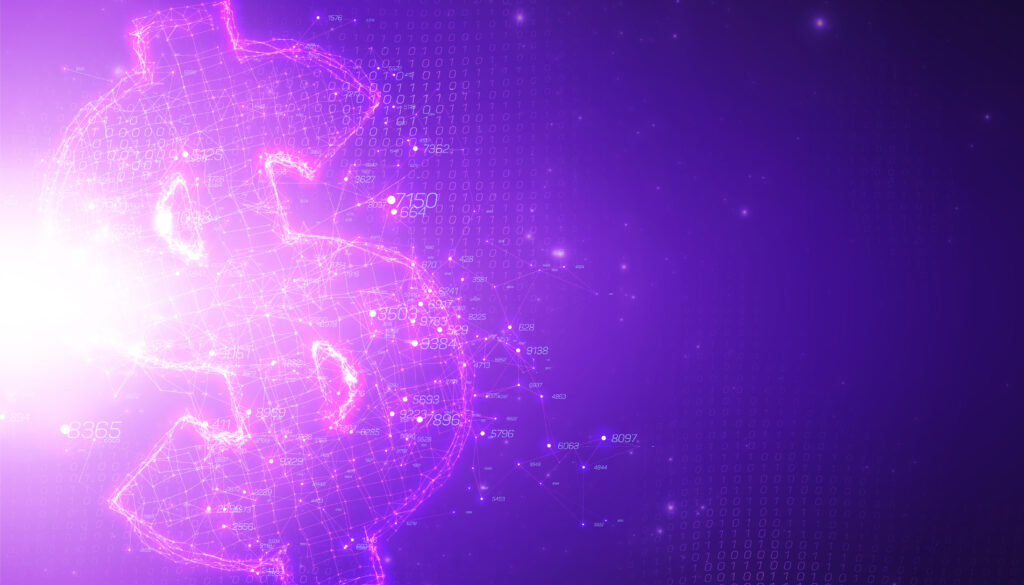 Visualização de big data 3D abstrata violeta com símbolo de dólar. Análise de threads de dados financeiros intrincados. Representação de análise de negócios. Design estético de infográficos futuristas. Conceito de saving financeiro.