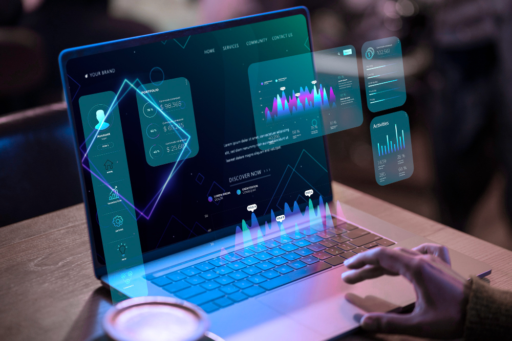 Pessoa acessando o computador e analisando o ROI de inteligencia artificial em gráficos