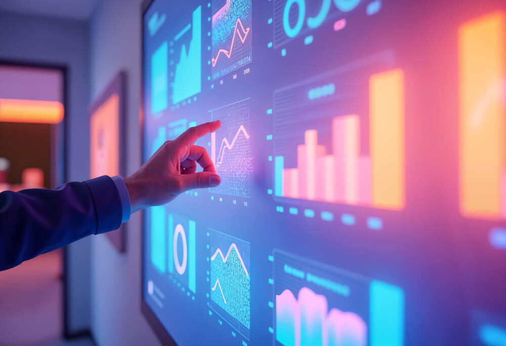 Profissional interagindo com dashboard de dados e gráficos, ilustrando acompanhamento estratégico de métricas de software.